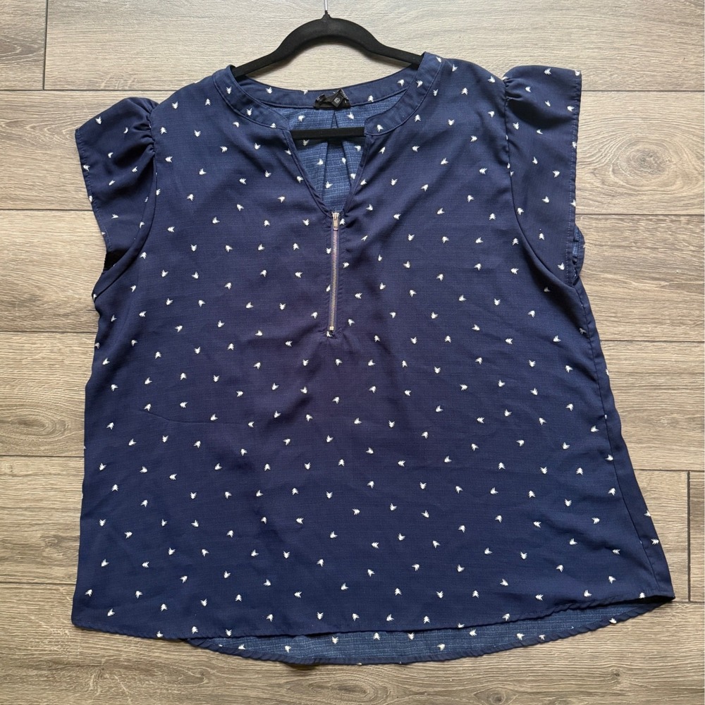 Perch by Blu Pepper Navy Blue Bird Print Half Zip Blouse Top Womens Size 2XL